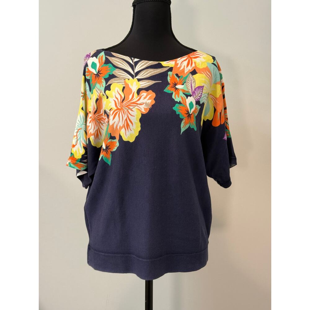 Talbots Floral Print Top on Navy Background with Dolman Sleeves